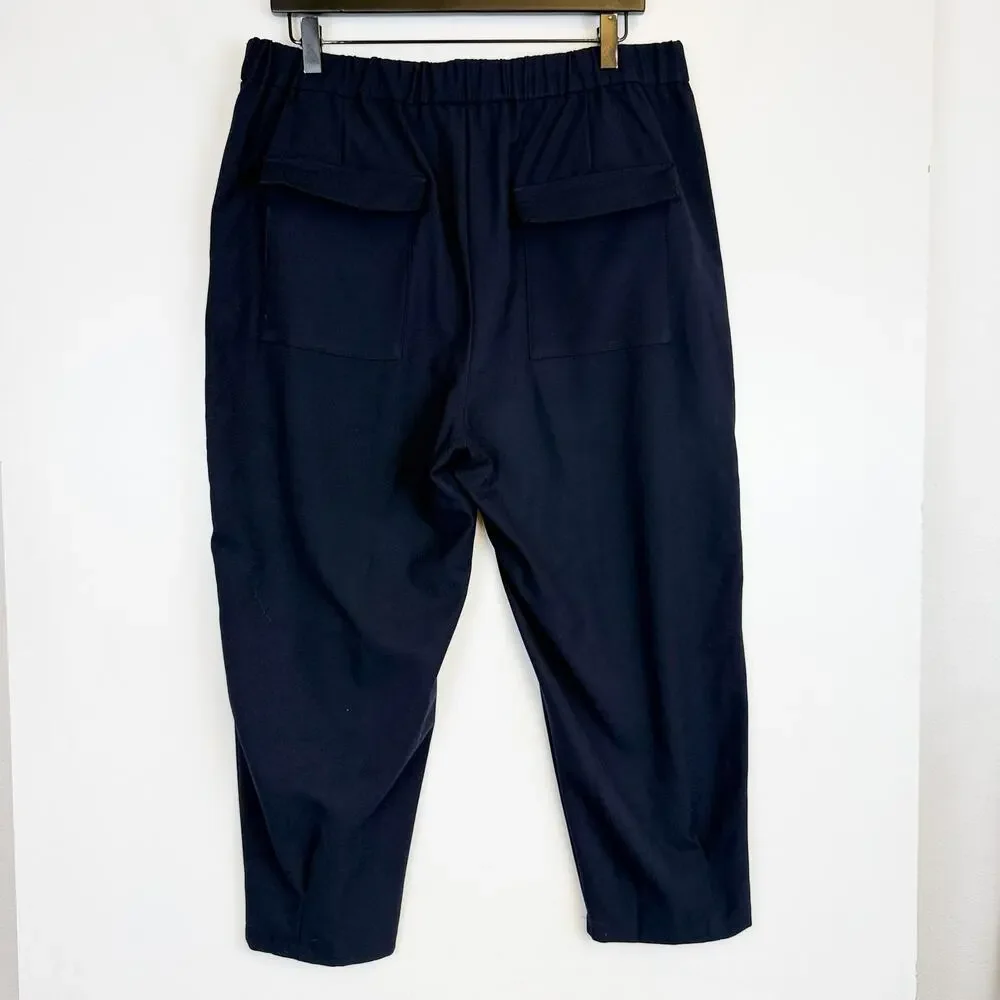 Zara Womens Linen Blend Carrot Fit Cropped Trouser Pants High Rise Navy Blue - L